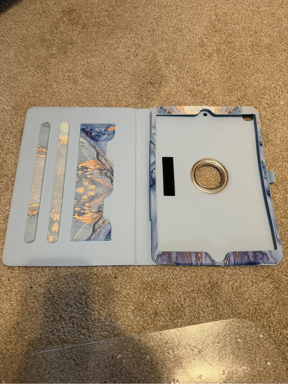 Blue Marble Vegan Leather Tablet Cover with Rose Gold Accents